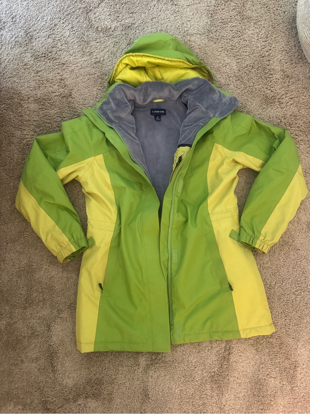 Lands' End' Two-Tone Lime Green & Yellow Hooded Raincoat